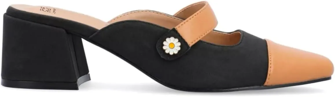 LEHOOR Women Low Chunky Heel Mules Closed Square Toe Two-Toned Dress Sandals Slip On 2 Inch Heels Slide Shoes Flower-Buckle Strap Backless Slippers Suede Matte Patchwork Comfort Office Daily 4-11 M US