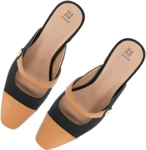 LEHOOR Women Low Chunky Heel Mules Closed Square Toe Two-Toned Dress Sandals Slip On 2 Inch Heels Slide Shoes Flower-Buckle Strap Backless Slippers Suede Matte Patchwork Comfort Office Daily 4-11 M US