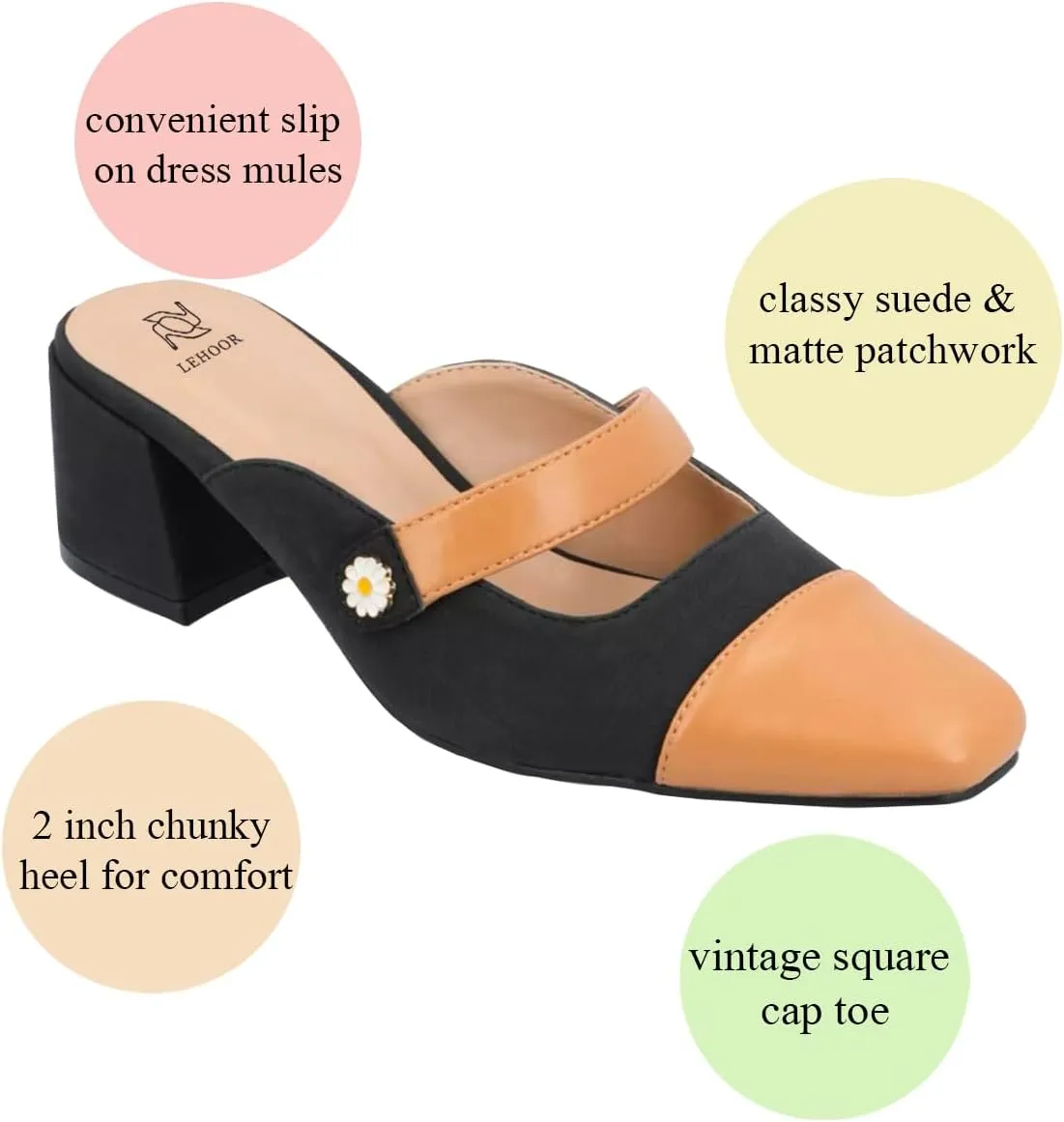 LEHOOR Women Low Chunky Heel Mules Closed Square Toe Two-Toned Dress Sandals Slip On 2 Inch Heels Slide Shoes Flower-Buckle Strap Backless Slippers Suede Matte Patchwork Comfort Office Daily 4-11 M US