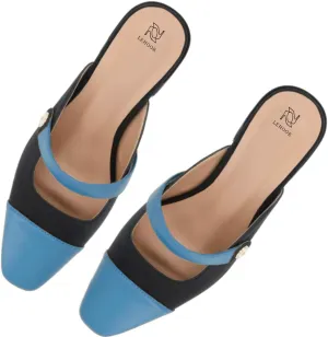 LEHOOR Women Low Chunky Heel Mules Closed Square Toe Two-Toned Dress Sandals Slip On 2 Inch Heels Slide Shoes Flower-Buckle Strap Backless Slippers Suede Matte Patchwork Comfort Office Daily 4-11 M US