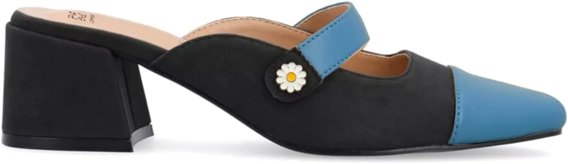 LEHOOR Women Low Chunky Heel Mules Closed Square Toe Two-Toned Dress Sandals Slip On 2 Inch Heels Slide Shoes Flower-Buckle Strap Backless Slippers Suede Matte Patchwork Comfort Office Daily 4-11 M US