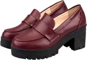 Loafers for Women British Style Chunky Heel Women’s Pumps Brogue Shoes Slip On High Heels for Cosplay & Uniforms