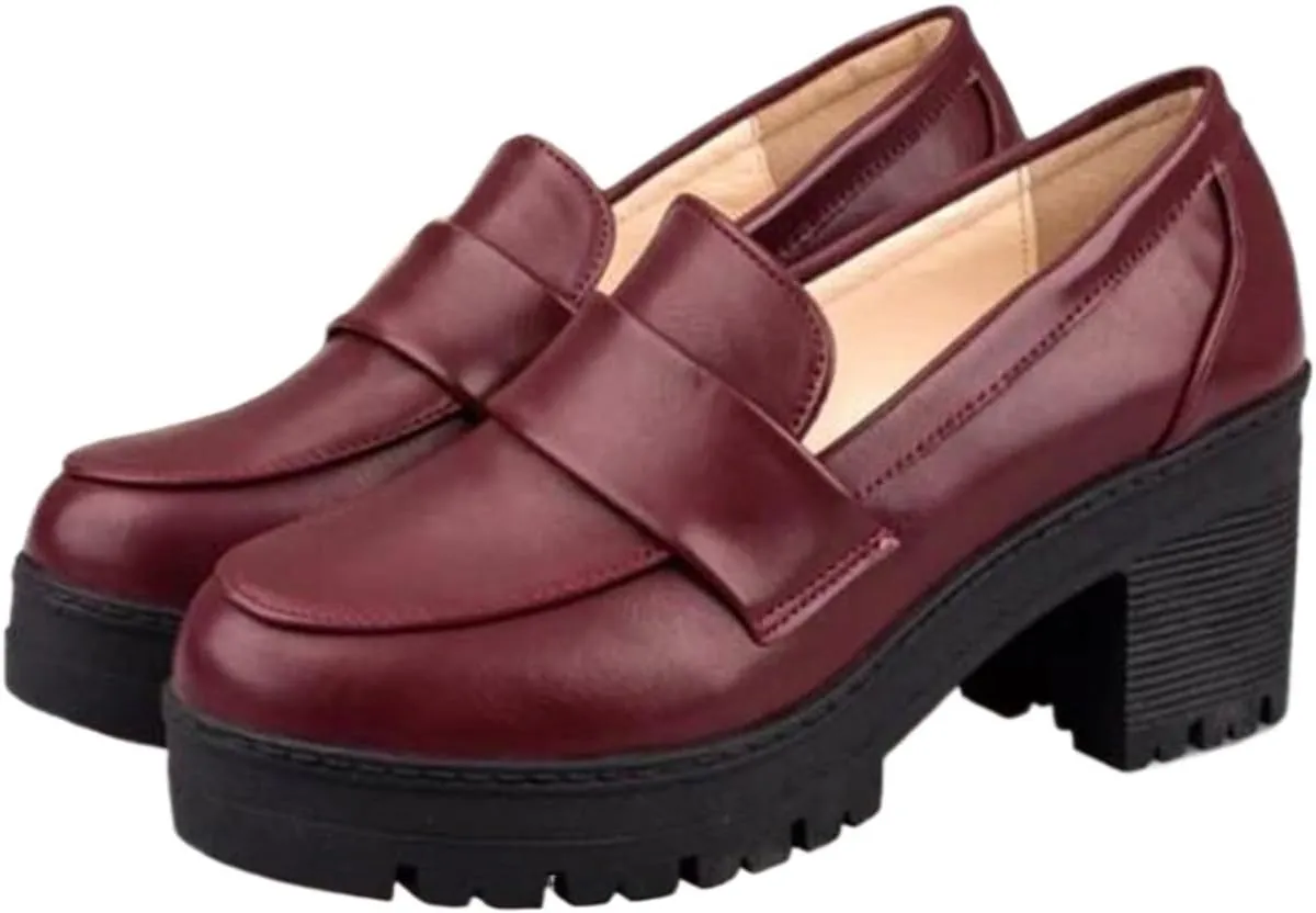 Loafers for Women British Style Chunky Heel Women’s Pumps Brogue Shoes Slip On High Heels for Cosplay & Uniforms