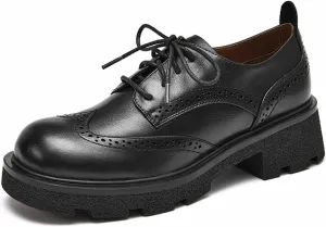 Loafers for Women Handmade Women's Casual Cow Leather Derby Brogue Shoes Round Toe, Lace Up, Platform Design