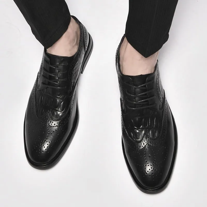 Men Casual Business Dress Shoes Lace Up Formal Black Patent Leather Brogue Shoes Male Wedding Party Office Oxfords Breathable Crocodile Pattern Leather Shoes
