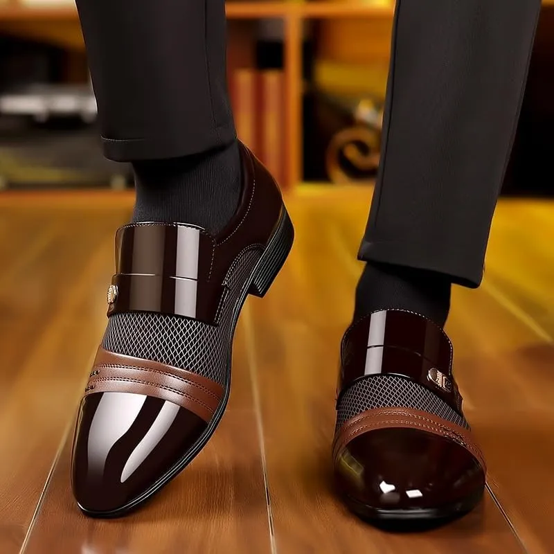 Men's Breathable Leather Wingtip Brogue Oxfords Slip On Pointed Toe Classic Formal Business Shoes Mens Vintage High Gloss Dress Shoes