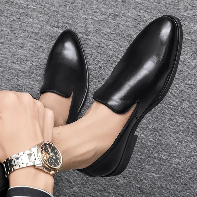 Men's Breathable Oxford Shoes Mens Retro Comfort Slip On Pointed Toe Burnished Genuine Leather Non-Slip Low Top Block Heel Dress Shoes
