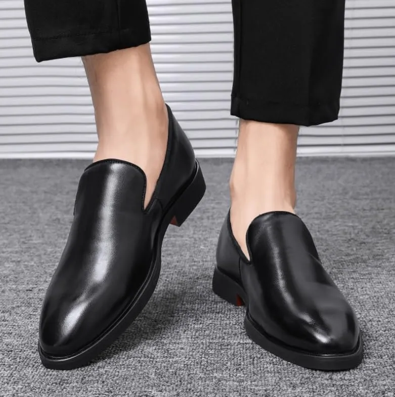 Men's Breathable Oxford Shoes Mens Retro Comfort Slip On Pointed Toe Burnished Genuine Leather Non-Slip Low Top Block Heel Dress Shoes