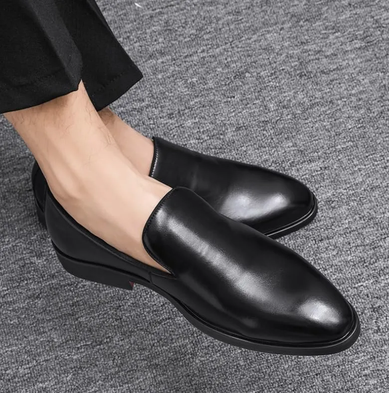 Men's Breathable Oxford Shoes Mens Retro Comfort Slip On Pointed Toe Burnished Genuine Leather Non-Slip Low Top Block Heel Dress Shoes