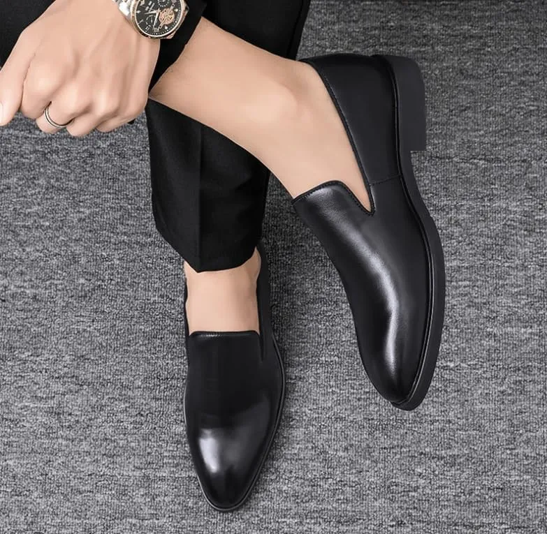 Men's Breathable Oxford Shoes Mens Retro Comfort Slip On Pointed Toe Burnished Genuine Leather Non-Slip Low Top Block Heel Dress Shoes