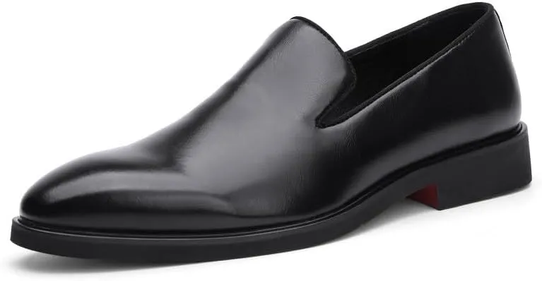 Men's Breathable Oxford Shoes Mens Retro Comfort Slip On Pointed Toe Burnished Genuine Leather Non-Slip Low Top Block Heel Dress Shoes