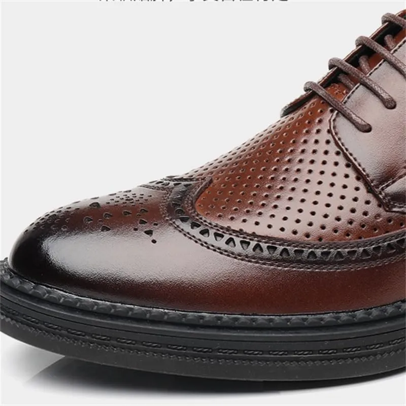 Men's Brogue Business Formal Leather Shoes Retro Pointed Toe Lace-up Oxford Shoes Slip Resistant Rubber Soft Sole Breathable Casual Shoes for Men