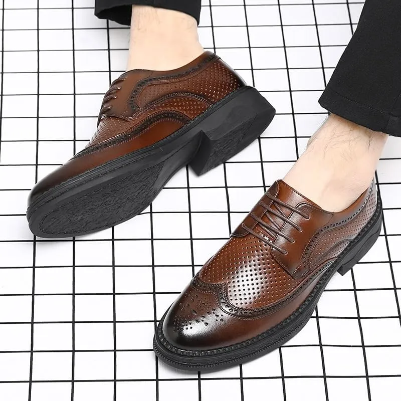 Men's Brogue Business Formal Leather Shoes Retro Pointed Toe Lace-up Oxford Shoes Slip Resistant Rubber Soft Sole Breathable Casual Shoes for Men