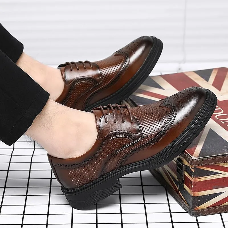 Men's Brogue Business Formal Leather Shoes Retro Pointed Toe Lace-up Oxford Shoes Slip Resistant Rubber Soft Sole Breathable Casual Shoes for Men