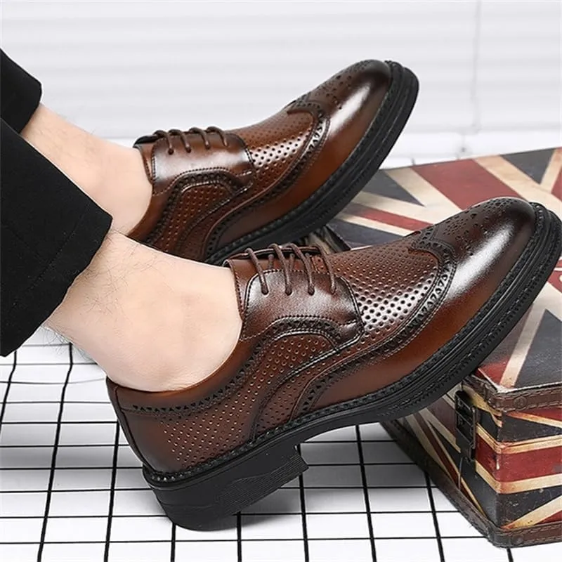 Men's Brogue Business Formal Leather Shoes Retro Pointed Toe Lace-up Oxford Shoes Slip Resistant Rubber Soft Sole Breathable Casual Shoes for Men