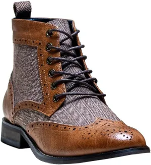Mens Casual Ankle Lace Up Boots Leather and Tweed Brogue Shoes