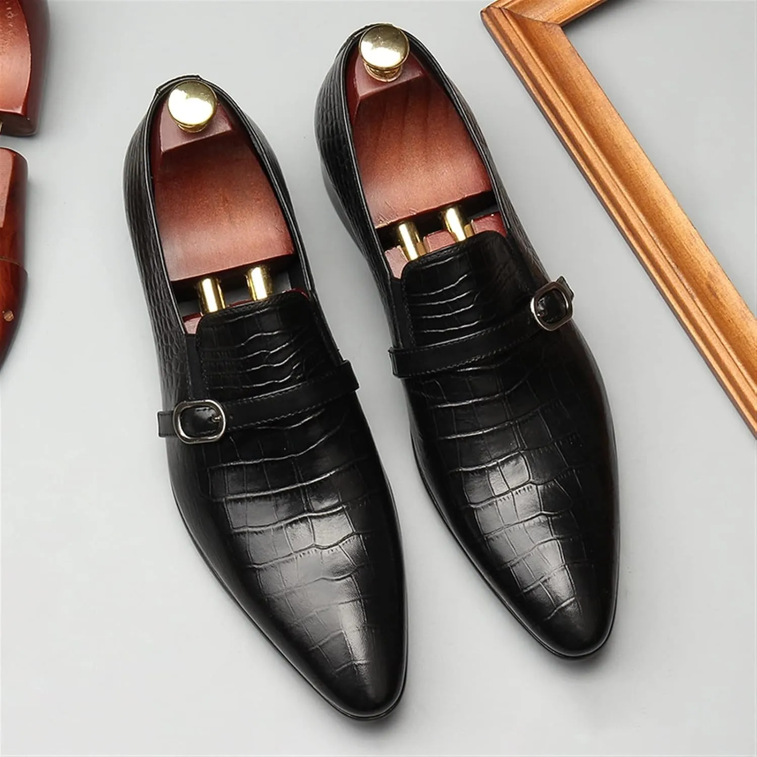 Mens Dress Shoes Black/red Men Dress Shoes Breathable Slip-on Crocodile Pattern Genuine Leather Oxford Shoes(Rojo,6)
