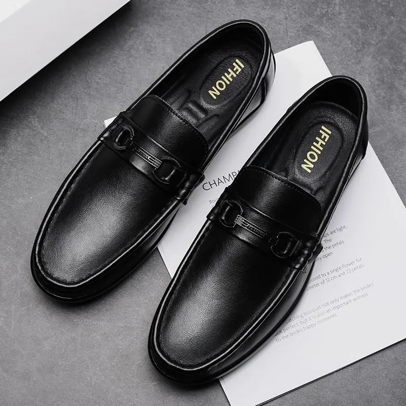 Men's Fashion Slip-On Leather Shoes with Metal Horsebit Detail Mens Casual Shoes Wide Loafers for Business Dinners