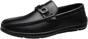 Men's Fashion Slip-On Leather Shoes with Metal Horsebit Detail Mens Casual Shoes Wide Loafers for Business Dinners