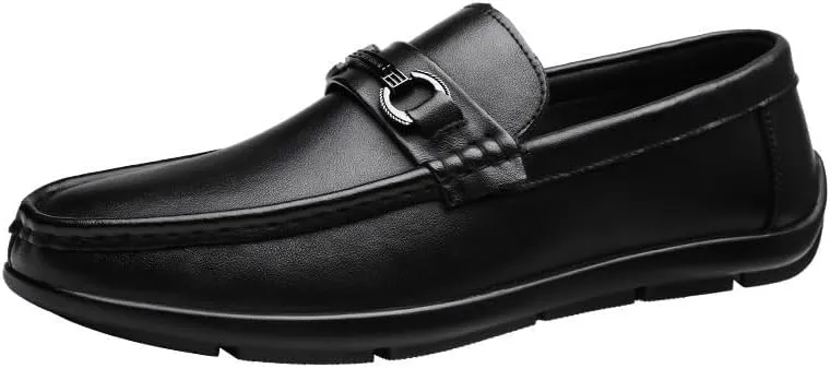 Men's Fashion Slip-On Leather Shoes with Metal Horsebit Detail Mens Casual Shoes Wide Loafers for Business Dinners