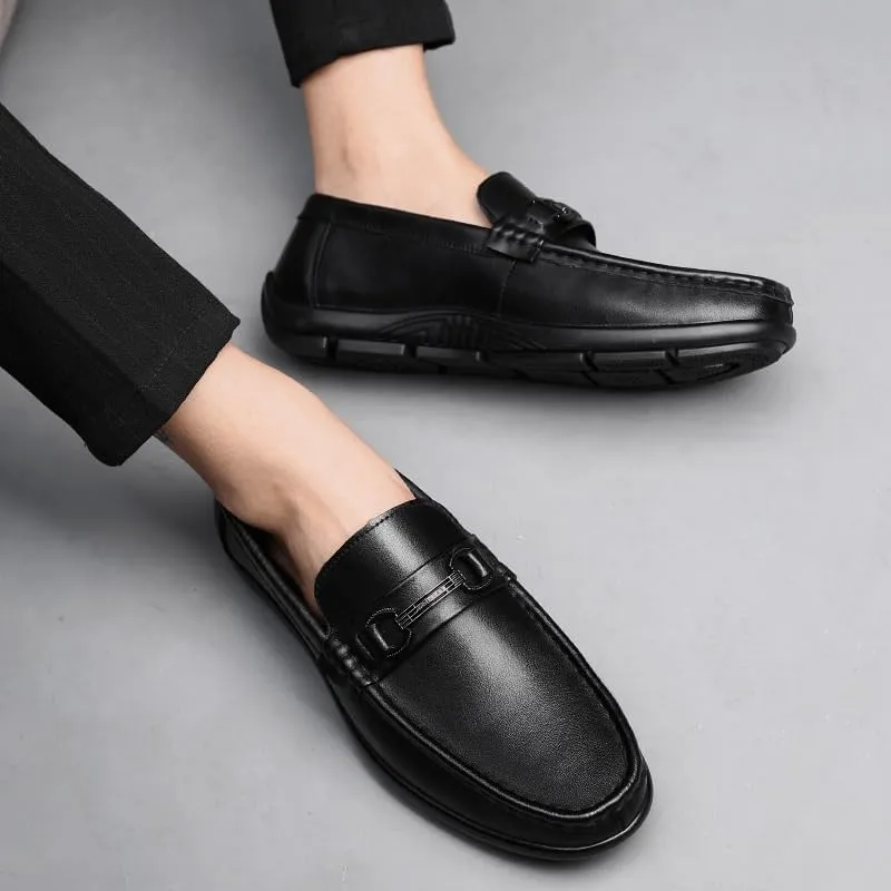 Men's Fashion Slip-On Leather Shoes with Metal Horsebit Detail Mens Casual Shoes Wide Loafers for Business Dinners