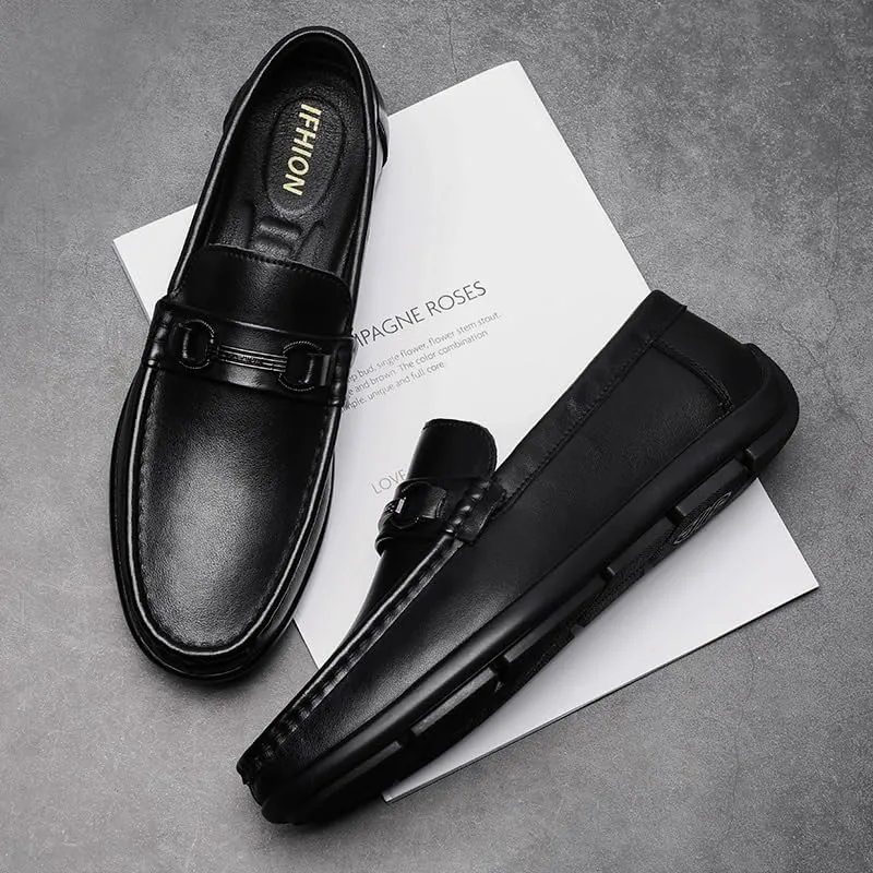 Men's Fashion Slip-On Leather Shoes with Metal Horsebit Detail Mens Casual Shoes Wide Loafers for Business Dinners