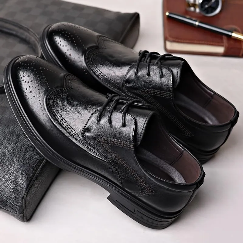 Mens Formal Lace Up Brogue Shoes Non Slip Leather Dress Oxfords Comfortable Low Heel Shoes