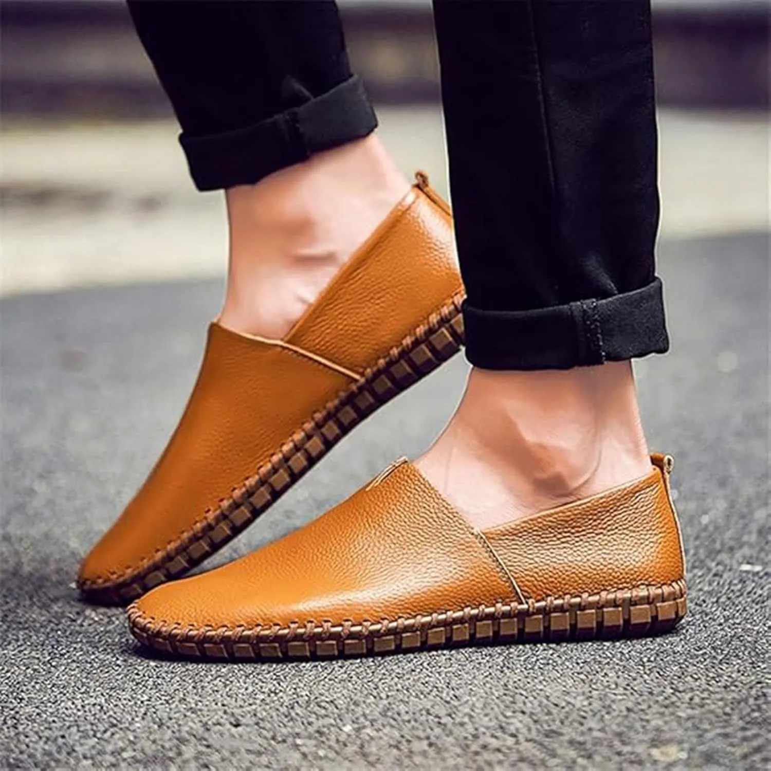 Men's Genuine Leather Slip-On Loafers Handmade Perforated Breathable Casual Driving Shoes