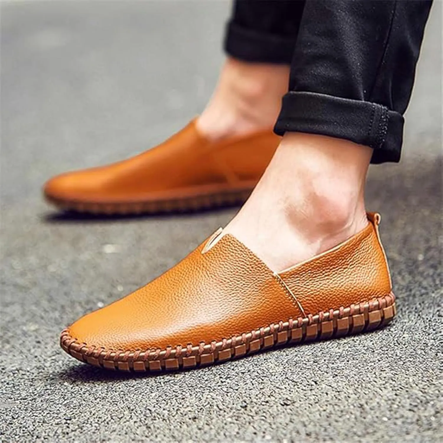 Men's Genuine Leather Slip-On Loafers Handmade Perforated Breathable Casual Driving Shoes