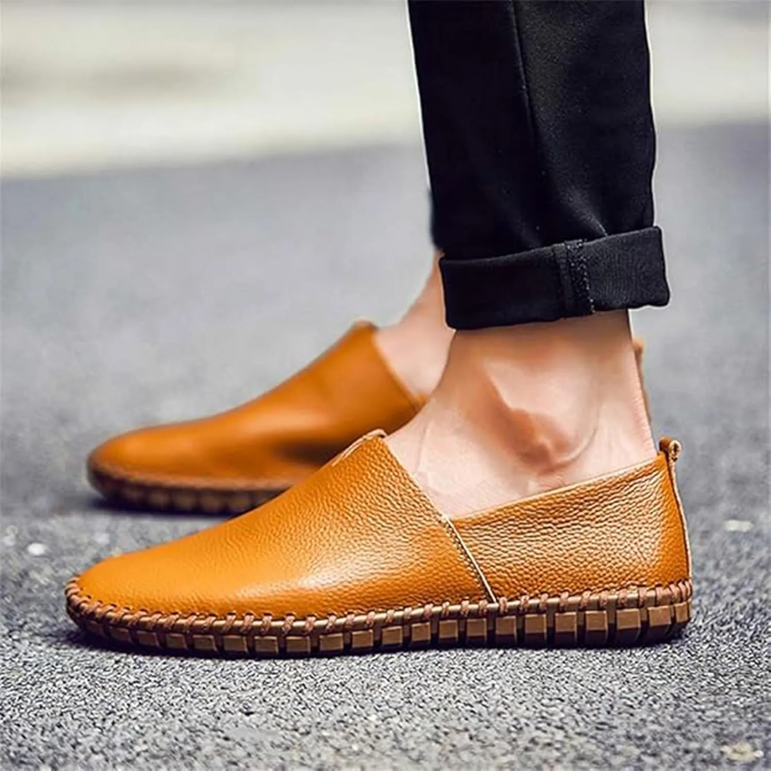 Men's Genuine Leather Slip-On Loafers Handmade Perforated Breathable Casual Driving Shoes