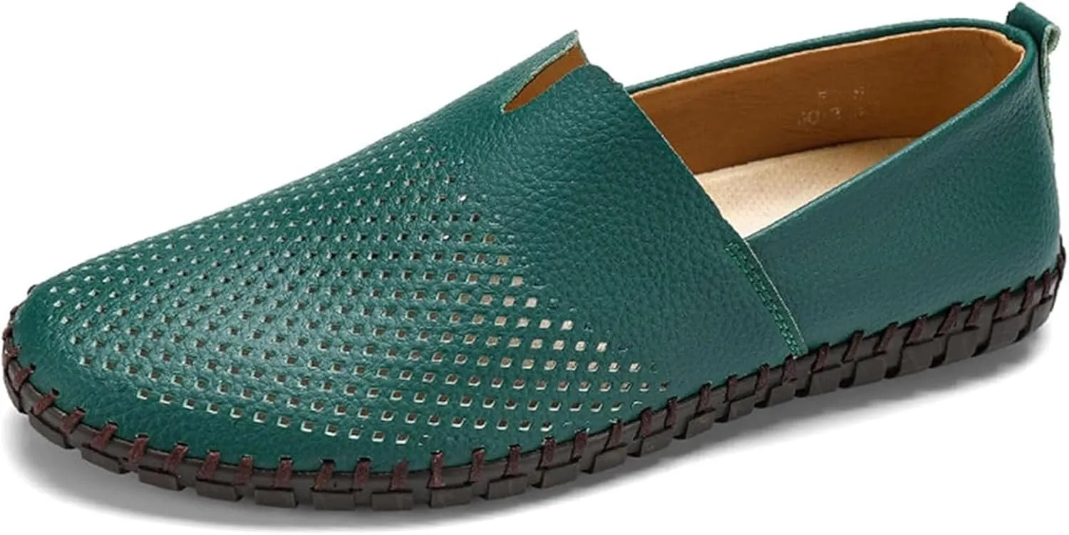 Men's Genuine Leather Slip-On Loafers Handmade Perforated Breathable Casual Driving Shoes