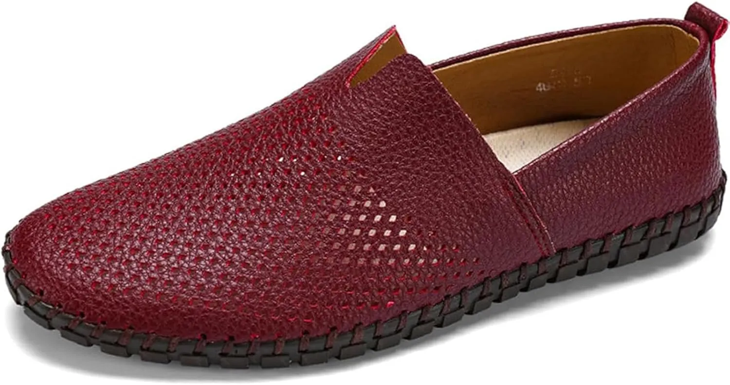Men's Genuine Leather Slip-On Loafers Handmade Perforated Breathable Casual Driving Shoes
