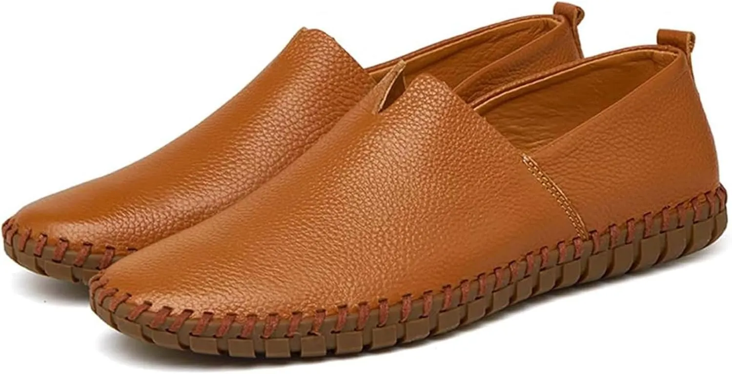 Men's Genuine Leather Slip-On Loafers Handmade Perforated Breathable Casual Driving Shoes