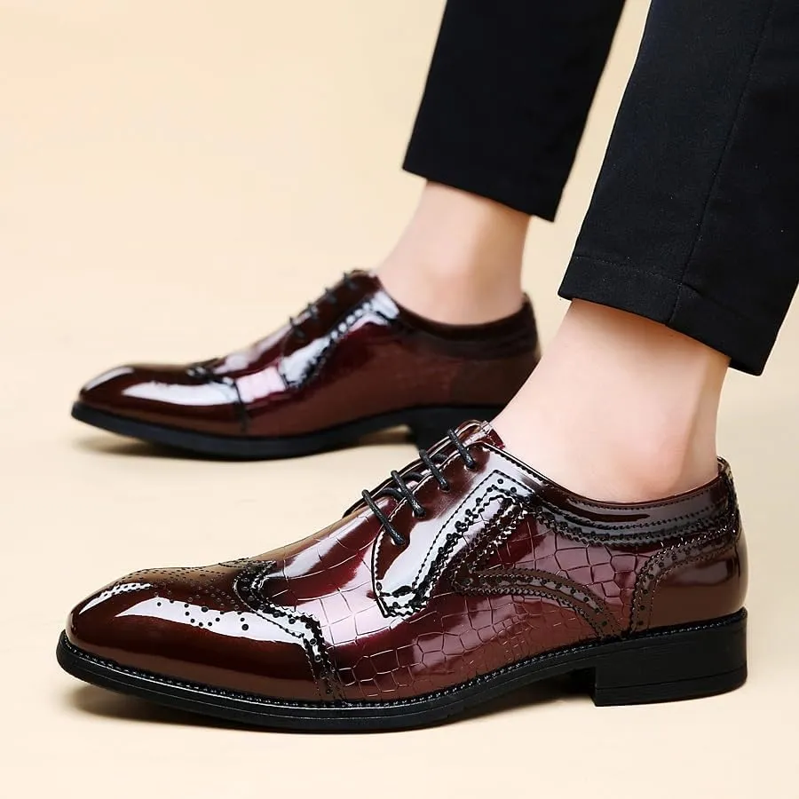 Men's Glossy Leather Shoes Classic Brogue Shoes Lace Up Men's Office Business Shoes Big Casual Work Office Comfortable Business Shoes