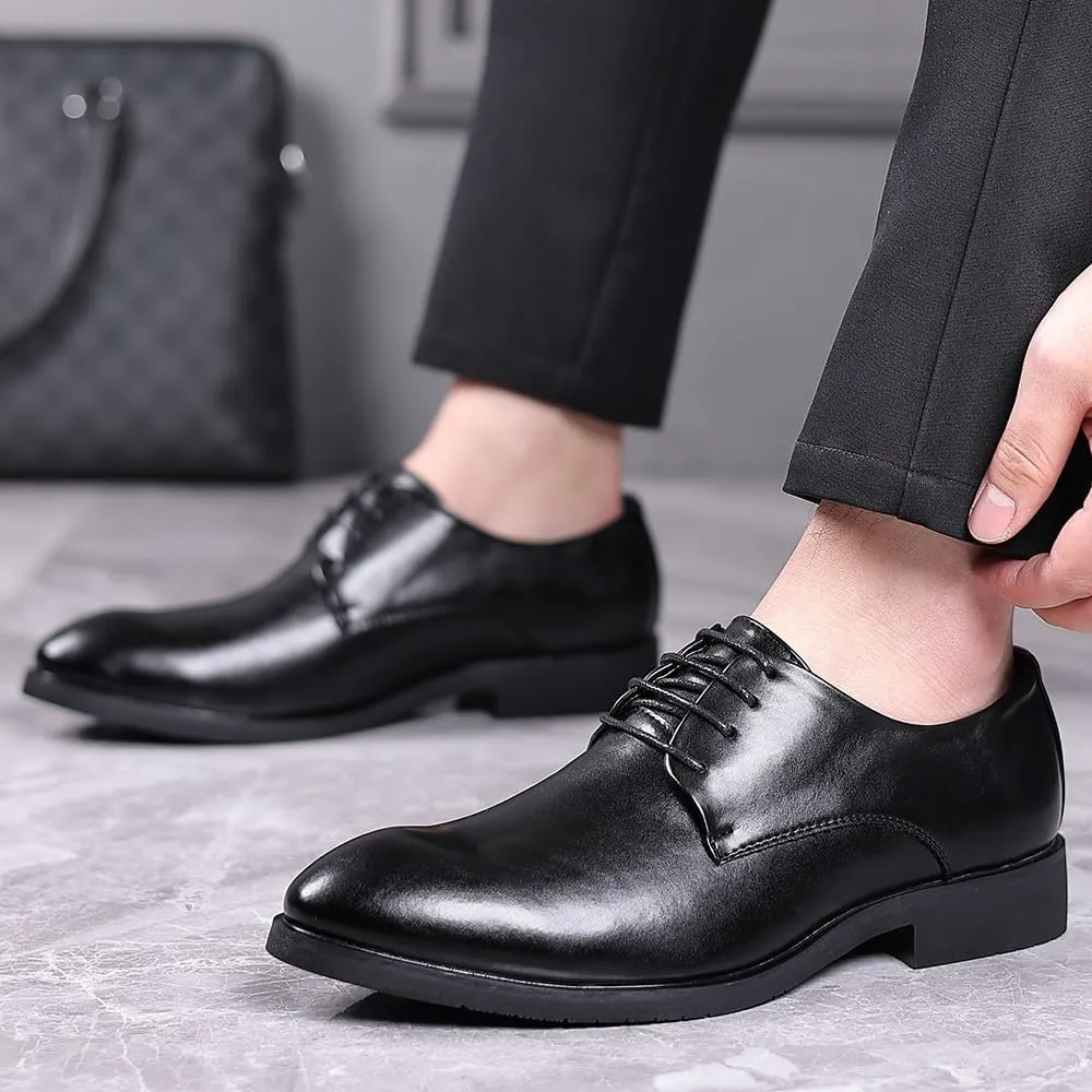 Men's Height Increase Lace-up Brogue Shoes Men's Black Versatile Dress Shoes Waterproof Leather