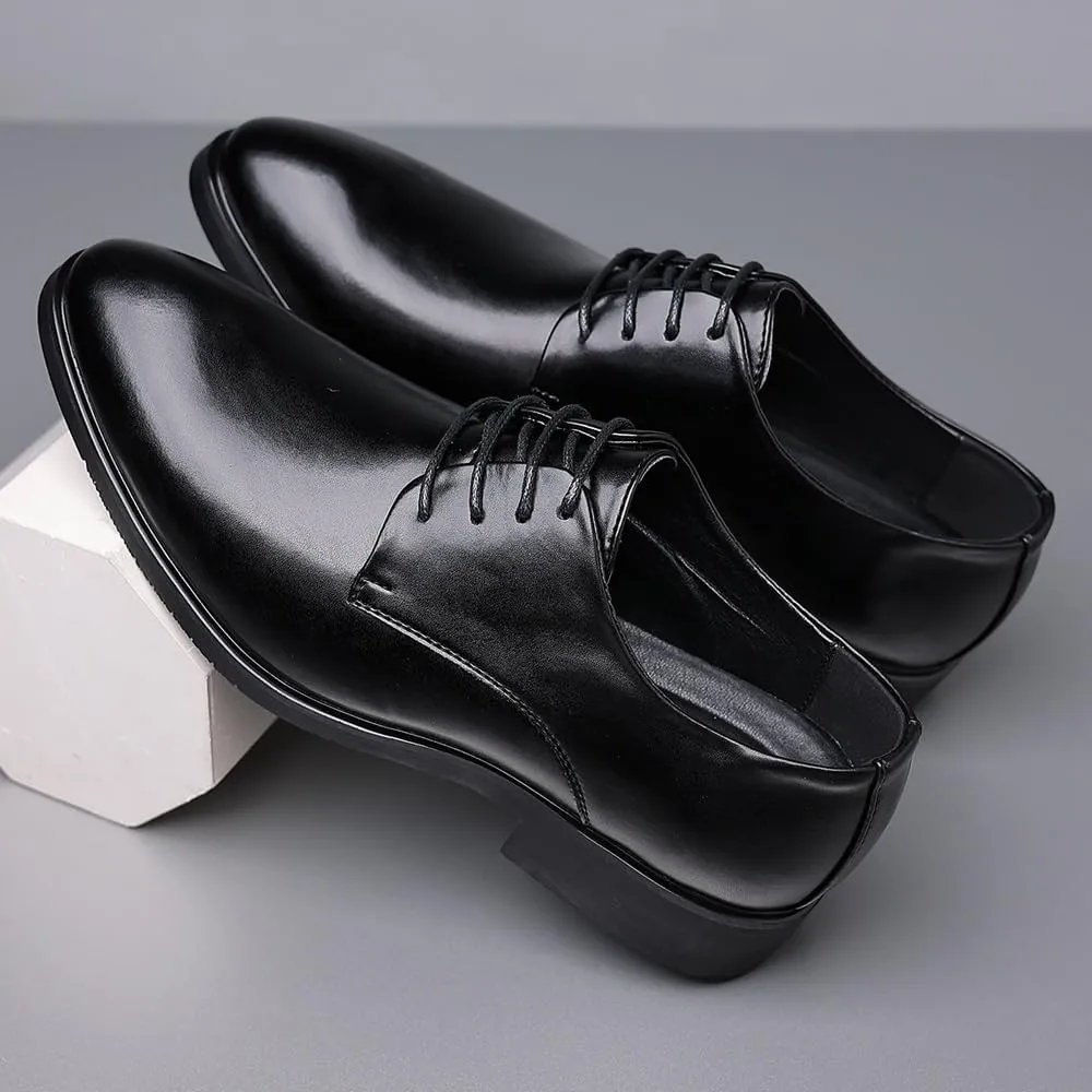 Men's Height Increase Lace-up Brogue Shoes Men's Black Versatile Dress Shoes Waterproof Leather