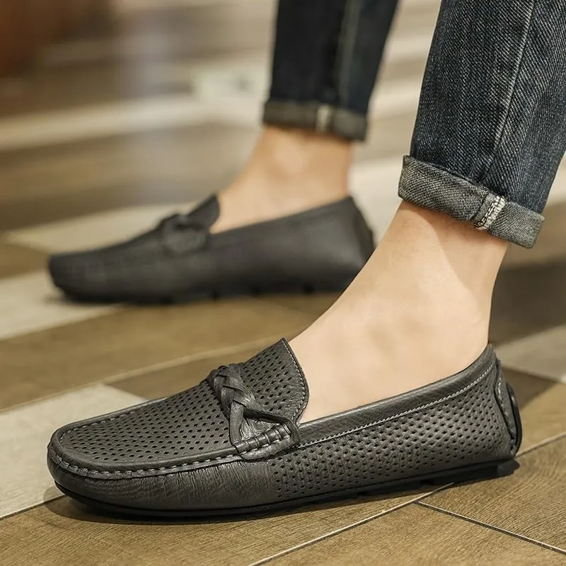 Mens Loafers Shoe Square Toe Faux Leather Breathable Perforated Driving Loafers Lightweight Flat Heel Slip Resistant Fashion Slip-ons