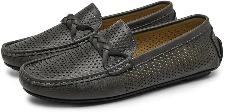 Mens Loafers Shoe Square Toe Faux Leather Breathable Perforated Driving Loafers Lightweight Flat Heel Slip Resistant Fashion Slip-ons