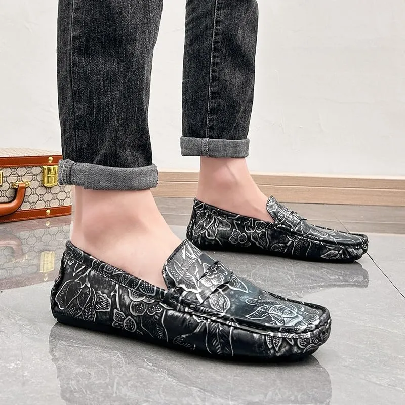 Mens Loafers Shoe Square Toe Floral Print Nubuck Leather Penny Driving Loafers Slip Resistant Lightweight Anti-Slip Fashion Slip-on