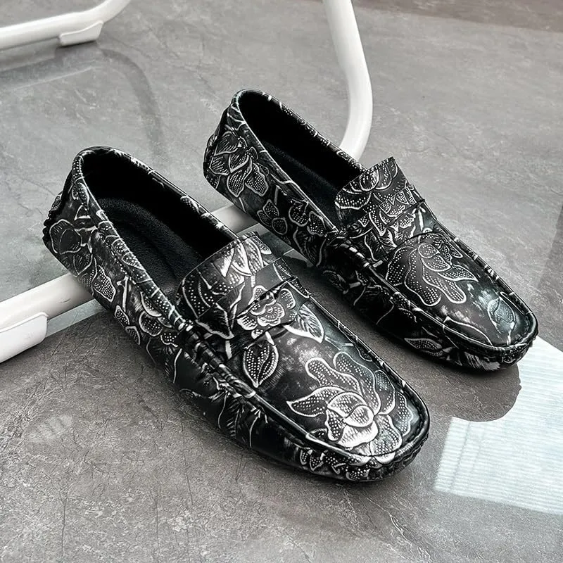 Mens Loafers Shoe Square Toe Floral Print Nubuck Leather Penny Driving Loafers Slip Resistant Lightweight Anti-Slip Fashion Slip-on