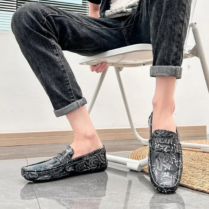 Mens Loafers Shoe Square Toe Floral Print Nubuck Leather Penny Driving Loafers Slip Resistant Lightweight Anti-Slip Fashion Slip-on