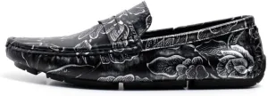 Mens Loafers Shoe Square Toe Floral Print Nubuck Leather Penny Driving Loafers Slip Resistant Lightweight Anti-Slip Fashion Slip-on