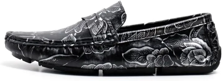 Mens Loafers Shoe Square Toe Floral Print Nubuck Leather Penny Driving Loafers Slip Resistant Lightweight Anti-Slip Fashion Slip-on