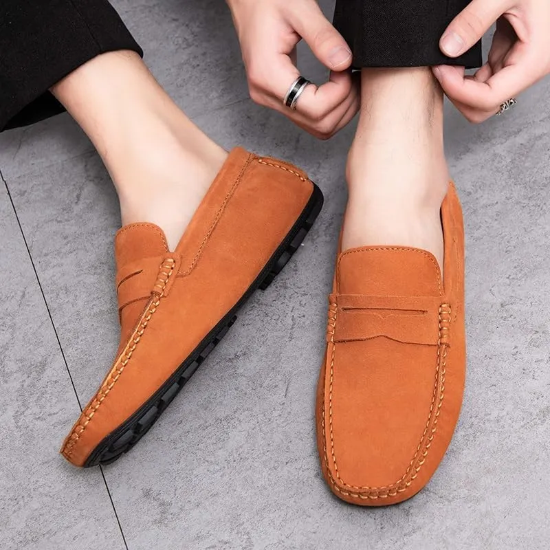 Mens Loafers Shoe Square Toe Genuine Leather Penny Driving Loafers Comfortable Anti-Slip Flexible Party Walking Slip-on