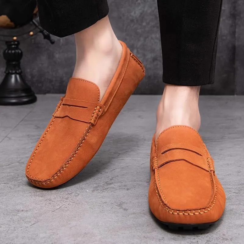 Mens Loafers Shoe Square Toe Genuine Leather Penny Driving Loafers Comfortable Anti-Slip Flexible Party Walking Slip-on