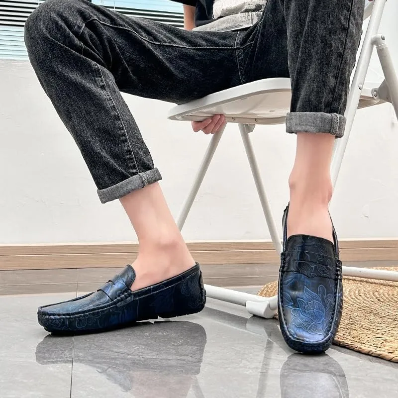 Men's Loafers Square Toe Floral Print Nubuck Leather Penny Driving Loafers Flat Heel Comfortable Slip Resistant Casual Prom Slip-ons
