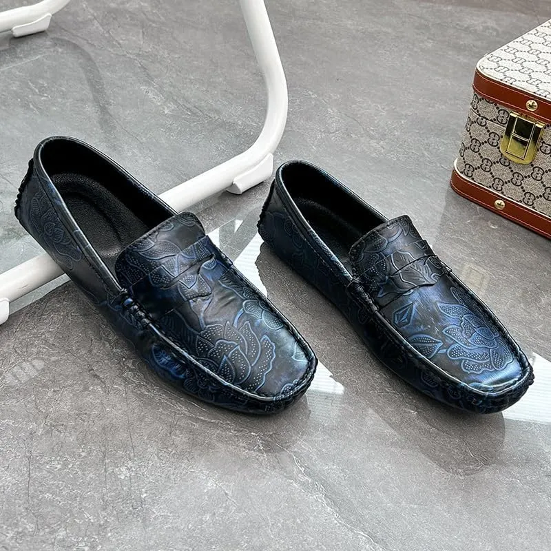 Men's Loafers Square Toe Floral Print Nubuck Leather Penny Driving Loafers Flat Heel Comfortable Slip Resistant Casual Prom Slip-ons