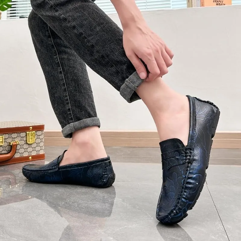 Men's Loafers Square Toe Floral Print Nubuck Leather Penny Driving Loafers Flat Heel Comfortable Slip Resistant Casual Prom Slip-ons