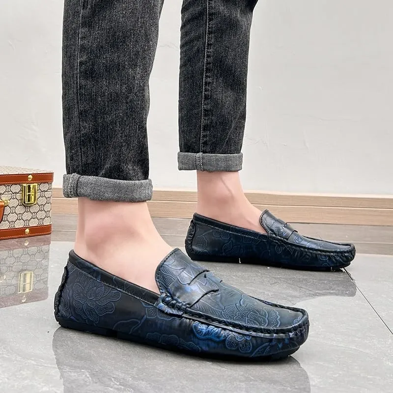 Men's Loafers Square Toe Floral Print Nubuck Leather Penny Driving Loafers Flat Heel Comfortable Slip Resistant Casual Prom Slip-ons