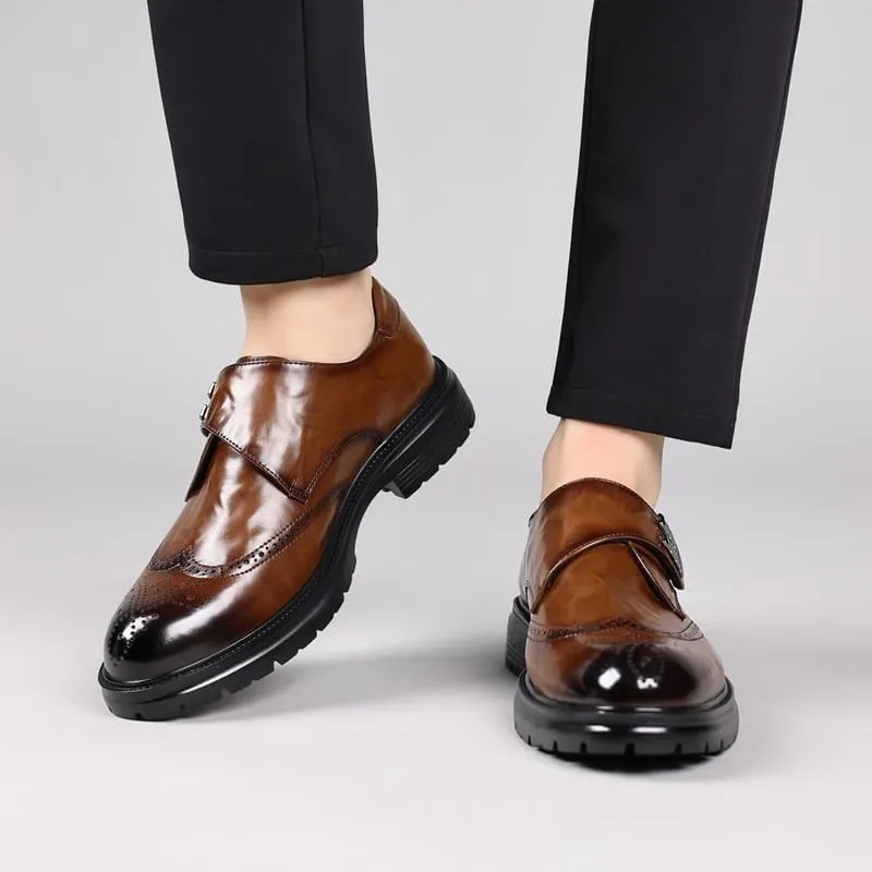 Men's Low Top Leather Brogue Shoes, Luxury Slip-On Platform Dress Shoes, Comfortable Business Casual Footwear, Men's Gifts